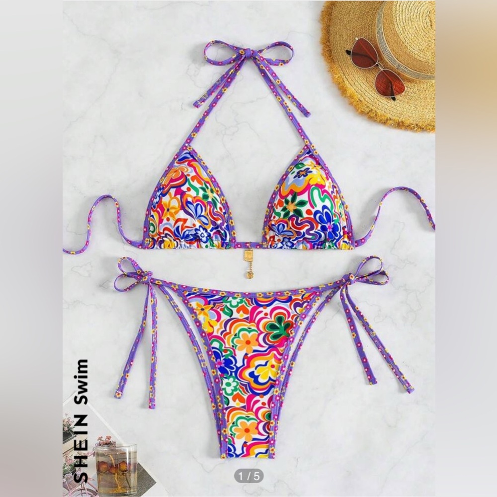 SHEIN Swim Floral Printed Halter Neck Bikini
Set, Size M